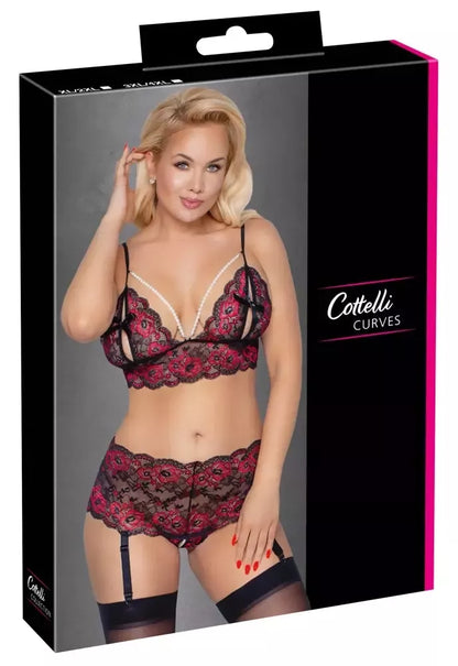 Cottelli CURVES nėrinių liemenėlės ir diržo susegamoms kojinėms rinkinys 3XL/4XL, dviejų spalvų dizainas