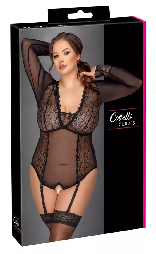 „Cottelli CURVES“ nėriniuotas „Powernet“ bodis 2XL, juodas, su nuimamomis kojų kilpomis