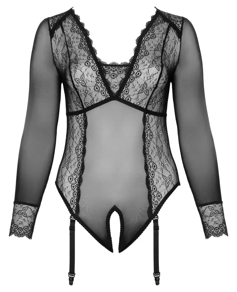 „Cottelli CURVES“ nėriniuotas „Powernet“ bodis 2XL, juodas, su nuimamomis kojų kilpomis