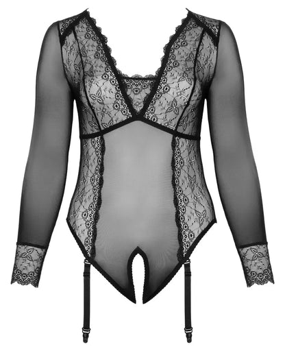 „Cottelli CURVES“ nėriniuotas „Powernet“ bodis 2XL, juodas, su nuimamomis kojų kilpomis