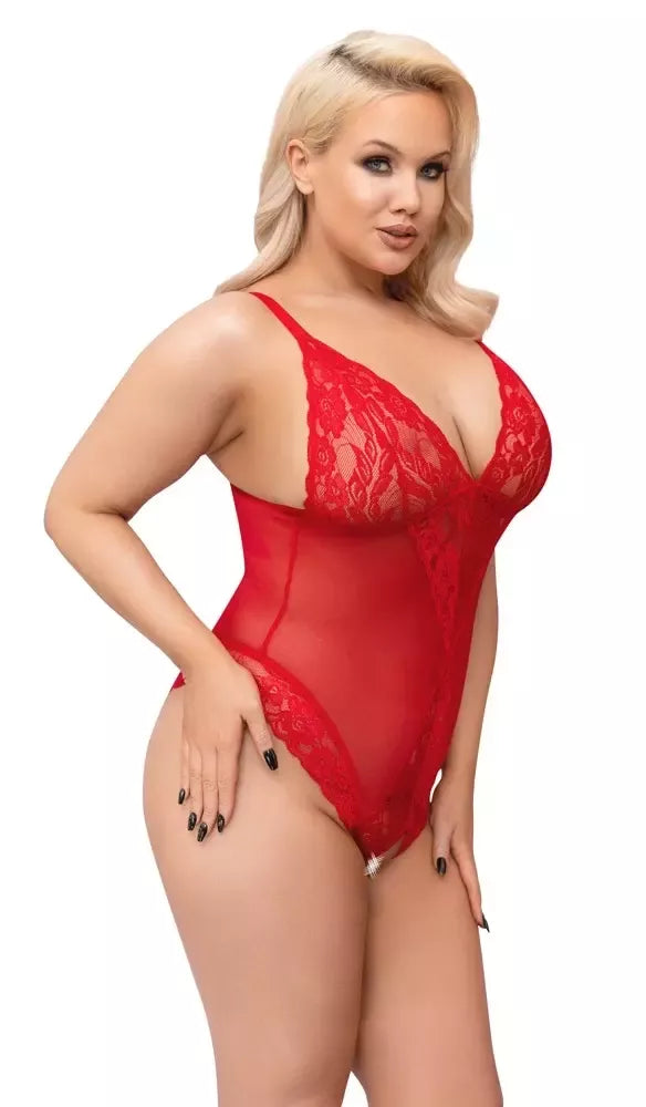 Cottelli CURVES raudonas skaidrus atviras bodis XL su reguliuojamomis petnešėlėmis