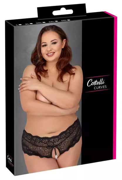 Cottelli CURVES XL dydžio juodos nėriniuotos kelnaitės su dekoratyvine perlų detale