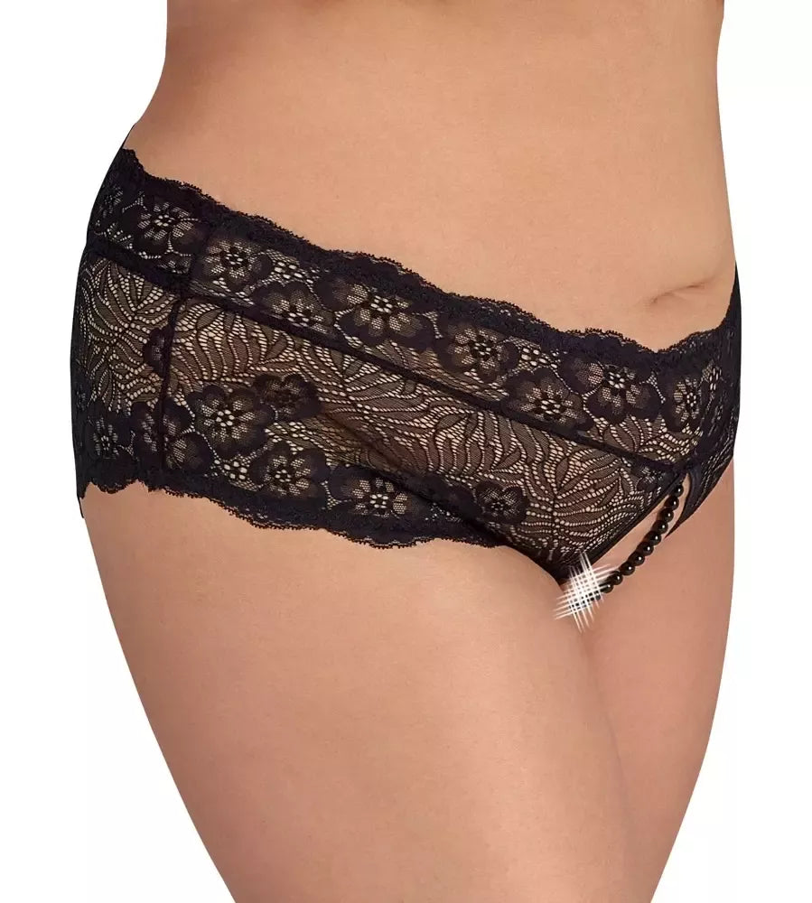 Cottelli CURVES XL dydžio juodos nėriniuotos kelnaitės su dekoratyvine perlų detale