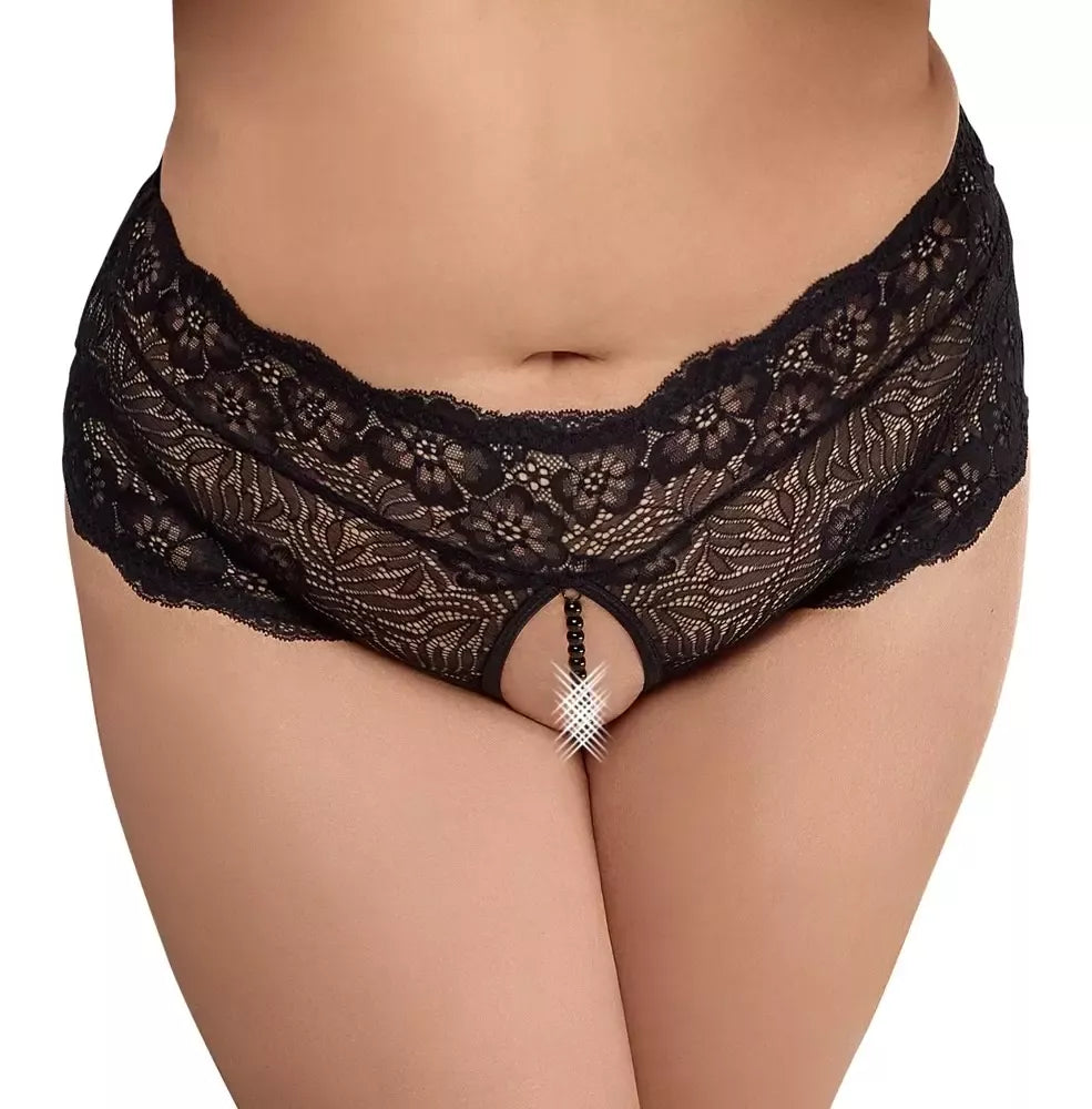 Cottelli CURVES XL dydžio juodos nėriniuotos kelnaitės su dekoratyvine perlų detale