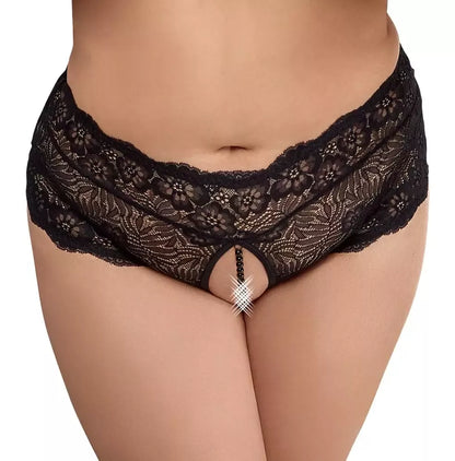 Cottelli CURVES XL dydžio juodos nėriniuotos kelnaitės su dekoratyvine perlų detale