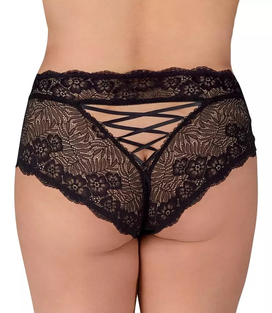 Cottelli CURVES XL dydžio juodos nėriniuotos kelnaitės su dekoratyvine perlų detale