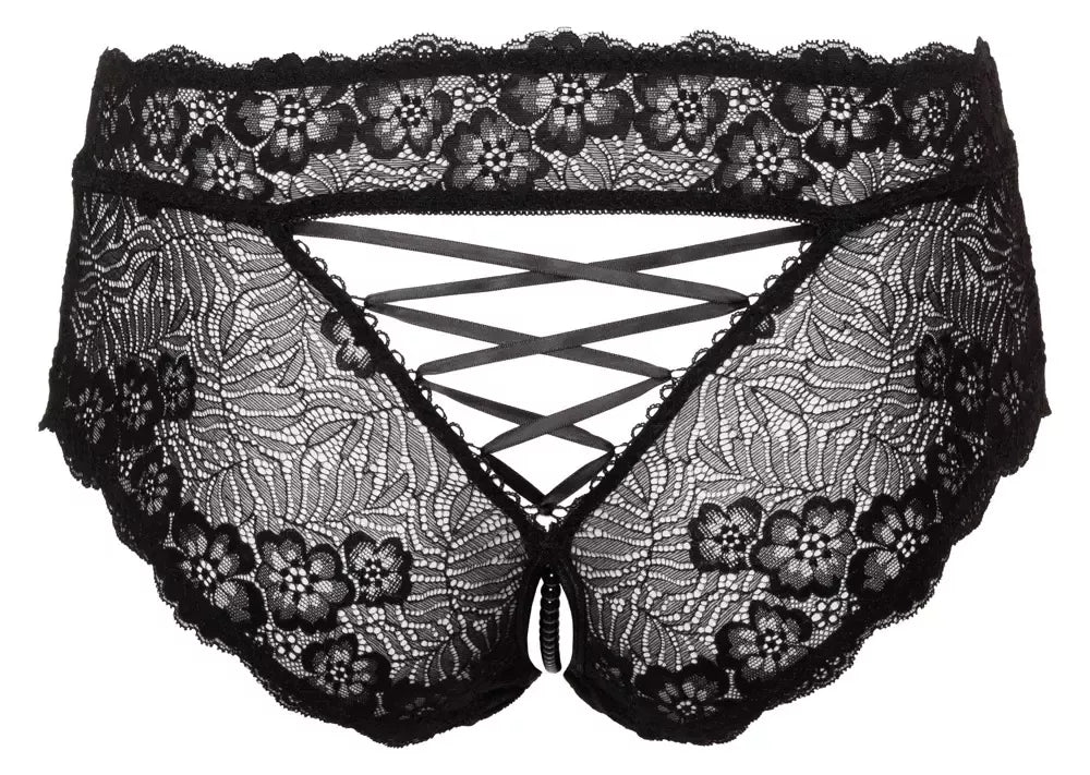 Cottelli CURVES XL dydžio juodos nėriniuotos kelnaitės su dekoratyvine perlų detale