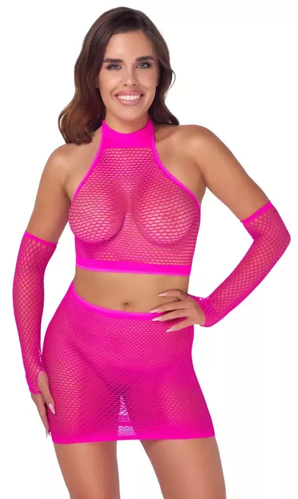 Cottelli Fantasy Hot Pink tinklelio komplektas S-L – trumpa palaidinė, sijonas ir rankų movos