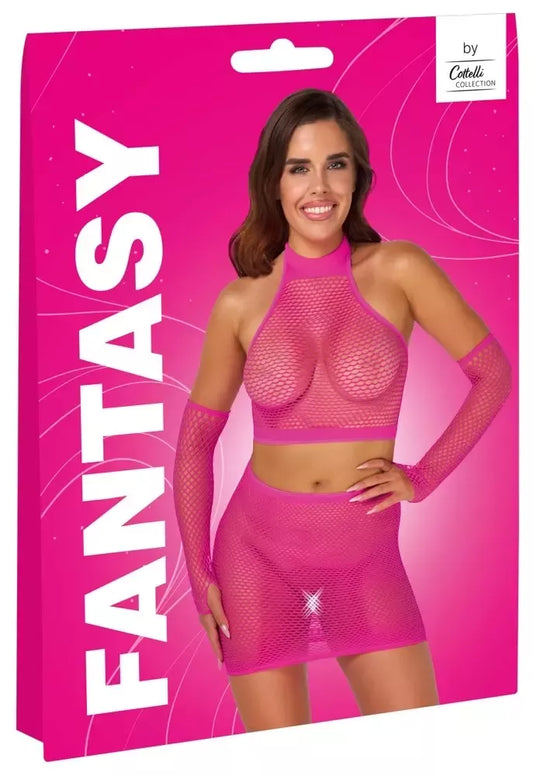 Cottelli Fantasy Hot Pink tinklelio komplektas S-L – trumpa palaidinė, sijonas ir rankų movos