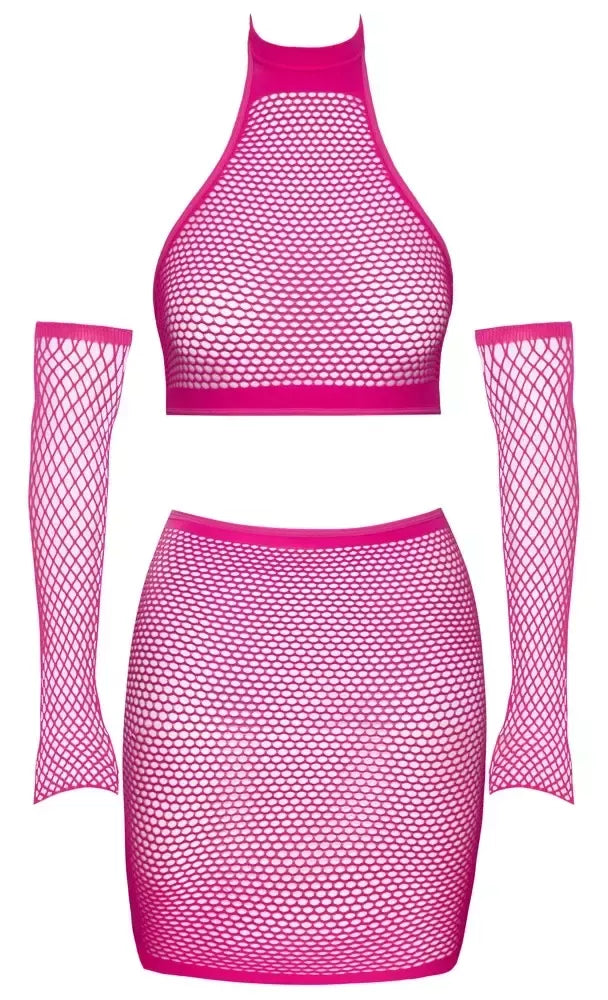 Cottelli Fantasy Hot Pink tinklelio komplektas S-L – trumpa palaidinė, sijonas ir rankų movos