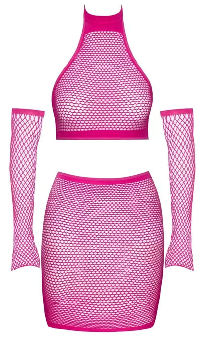 Cottelli Fantasy Hot Pink tinklelio komplektas S-L – trumpa palaidinė, sijonas ir rankų movos