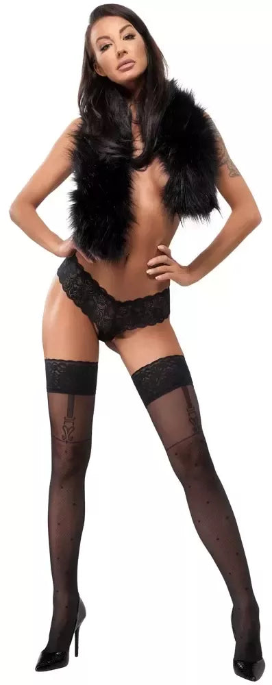 Cottelli Legware Flirt 3 juodos tinklinės prisegamos kojinės su nėrinių juosta 40 DEN