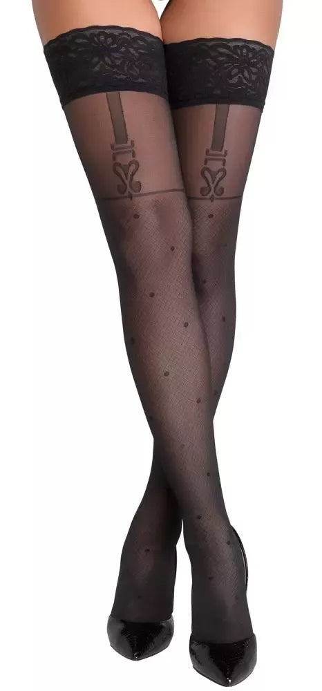 Cottelli Legware Flirt 3 juodos tinklinės prisegamos kojinės su nėrinių juosta 40 DEN