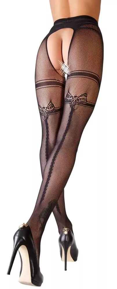 Cottelli LEGWEAR S/M Tinklinės pėdkelnės su prisegamomis kojinėmis ir siūle nugaroje, juodos