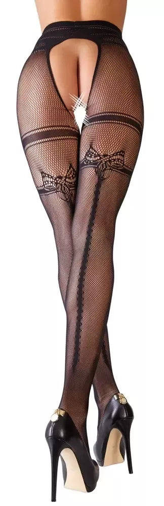Cottelli LEGWEAR S/M Tinklinės pėdkelnės su prisegamomis kojinėmis ir siūle nugaroje, juodos