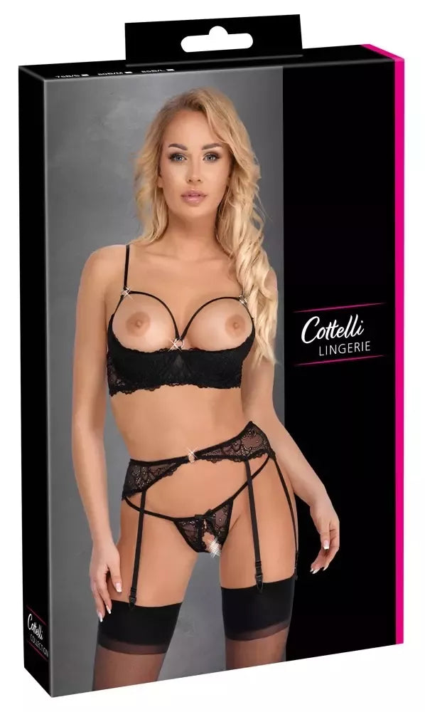 Cottelli Lingerie 3 dalių juodo nėrinio komplektas 85B/L su žėrinčiomis detalėmis