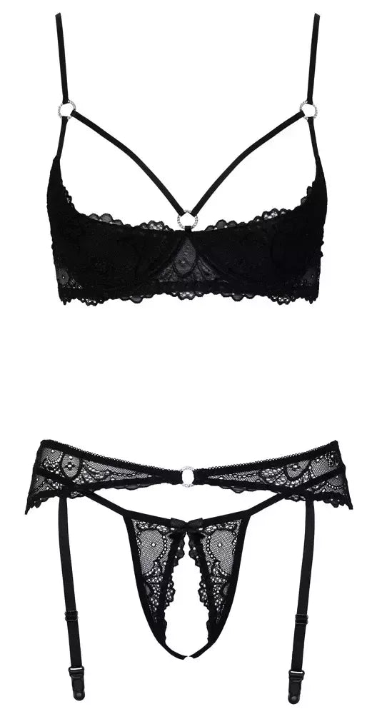 Cottelli Lingerie 3 dalių juodo nėrinio komplektas 85B/L su žėrinčiomis detalėmis