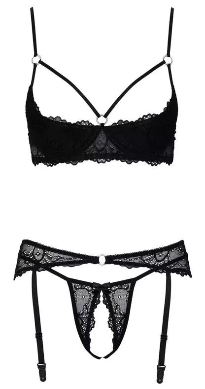 Cottelli Lingerie 3 dalių juodo nėrinio komplektas 85B/L su žėrinčiomis detalėmis