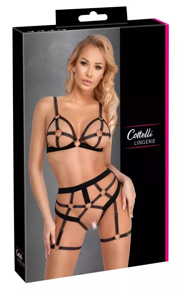 Cottelli LINGERIE atviro tipo pakinktų stiliaus liemenėlės ir kelnaičių (thong) rinkinys su rožinio aukso detalėmis, M dydis