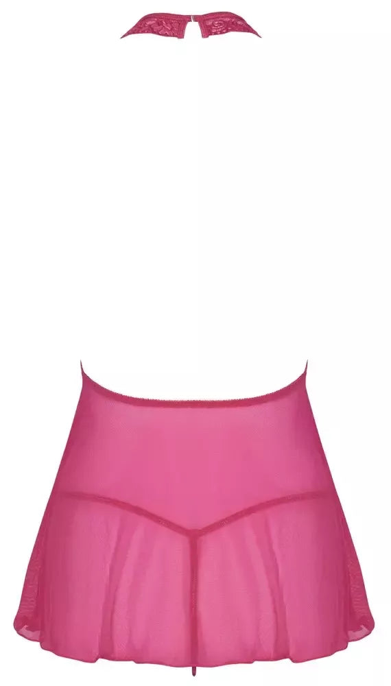 Cottelli LINGERIE Babydoll rožinis L/XL – permatomų nėrinių ir powernet audinio rinkinys