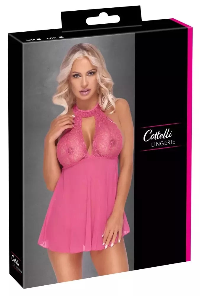 Cottelli LINGERIE Babydoll rožinis L/XL – permatomų nėrinių ir powernet audinio rinkinys