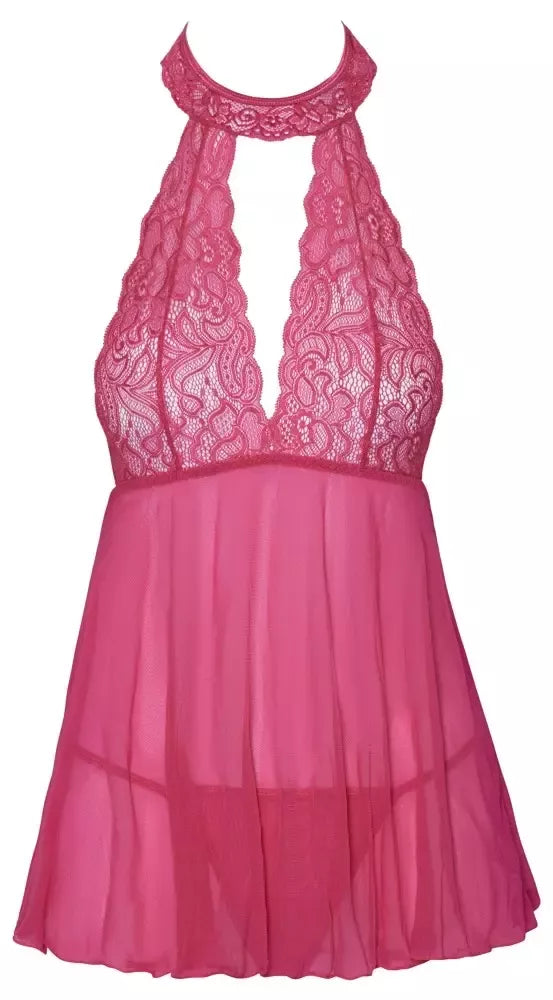 Cottelli LINGERIE Babydoll rožinis L/XL – permatomų nėrinių ir powernet audinio rinkinys