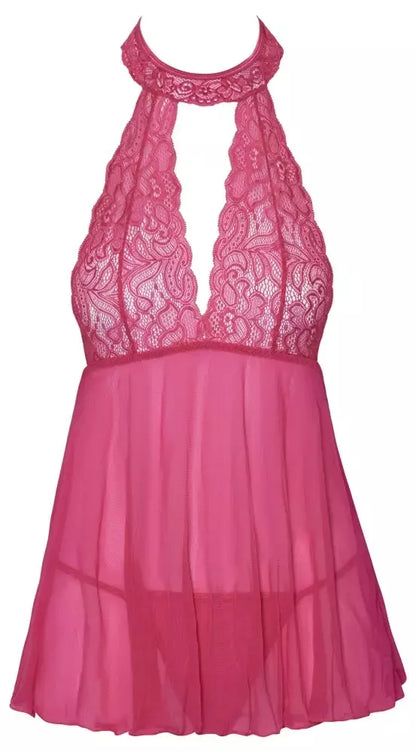 Cottelli LINGERIE Babydoll rožinis L/XL – permatomų nėrinių ir powernet audinio rinkinys
