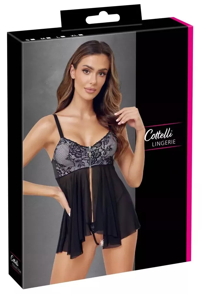 Cottelli Lingerie Babydoll tipo naktinukai ir kelnaičių rinkinys, S dydis, juoda/balta spalva, nėriniai, reguliuojamos petnešėlės