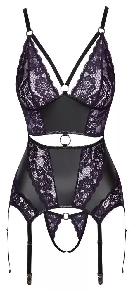 Cottelli Lingerie baskų komplektas, violetiniai nėriniai, juoda, M, reguliuojamos petnešėlės
