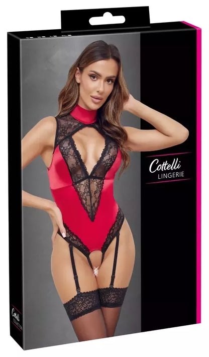 Cottelli Lingerie bodis raudonas/juodas atlasas ir nėriniai, M dydis, reguliuojami dirželiai