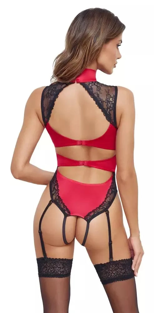 Cottelli Lingerie bodis raudonas/juodas atlasas ir nėriniai, M dydis, reguliuojami dirželiai