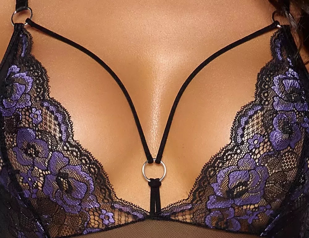 Cottelli Lingerie Body Lace M - gėlių nėriniai, reguliuojamos petnešėlės, juoda/rožinė