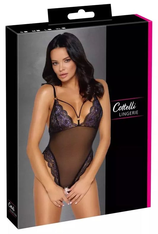 Cottelli Lingerie Body Lace M - gėlių nėriniai, reguliuojamos petnešėlės, juoda/rožinė