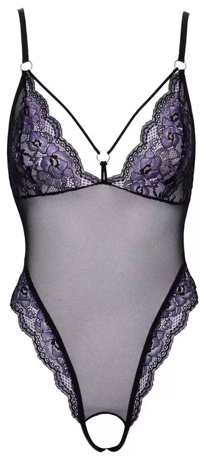 Cottelli Lingerie Body Lace M - gėlių nėriniai, reguliuojamos petnešėlės, juoda/rožinė