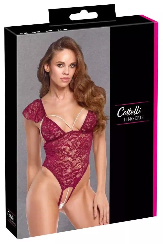 Cottelli Lingerie Body Pearls S bordo nėriniuotas bodis su reguliuojamais perlais