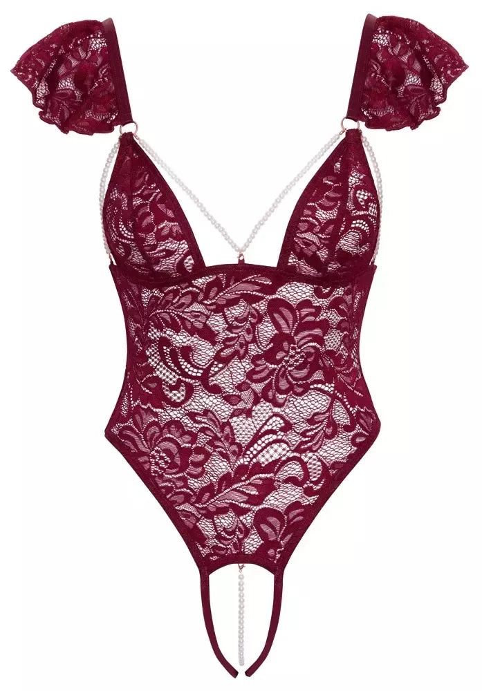 Cottelli Lingerie Body Pearls S bordo nėriniuotas bodis su reguliuojamais perlais