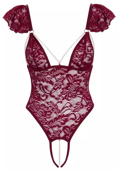 Cottelli Lingerie Body Pearls S bordo nėriniuotas bodis su reguliuojamais perlais