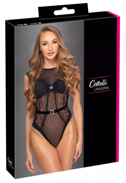 Cottelli LINGERIE Body Rhinestones Black L/XL – Elegantiškas nėriniuotas bodis