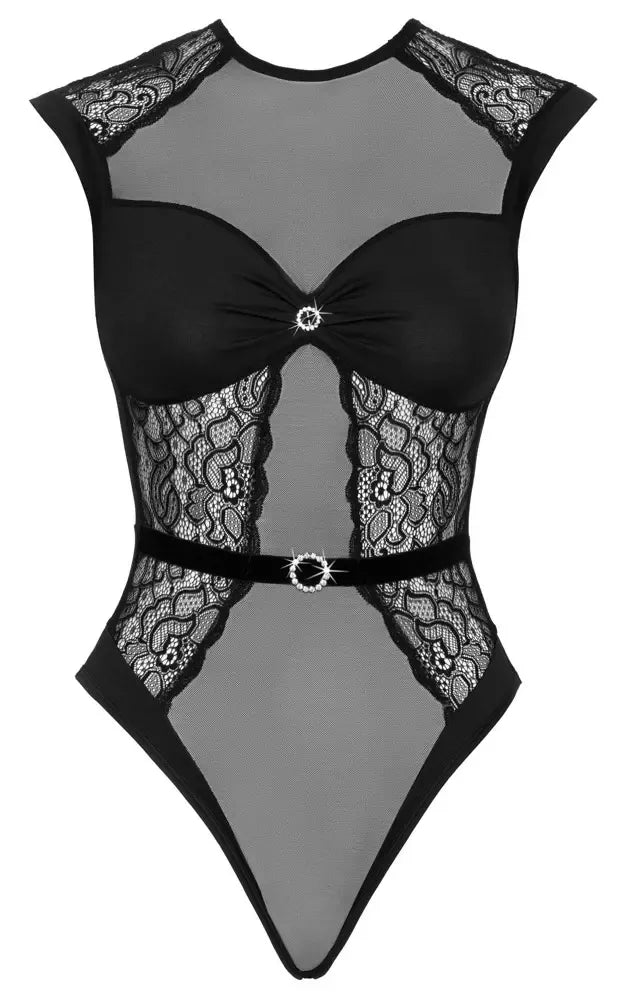 Cottelli LINGERIE Body Rhinestones Black L/XL – Elegantiškas nėriniuotas bodis