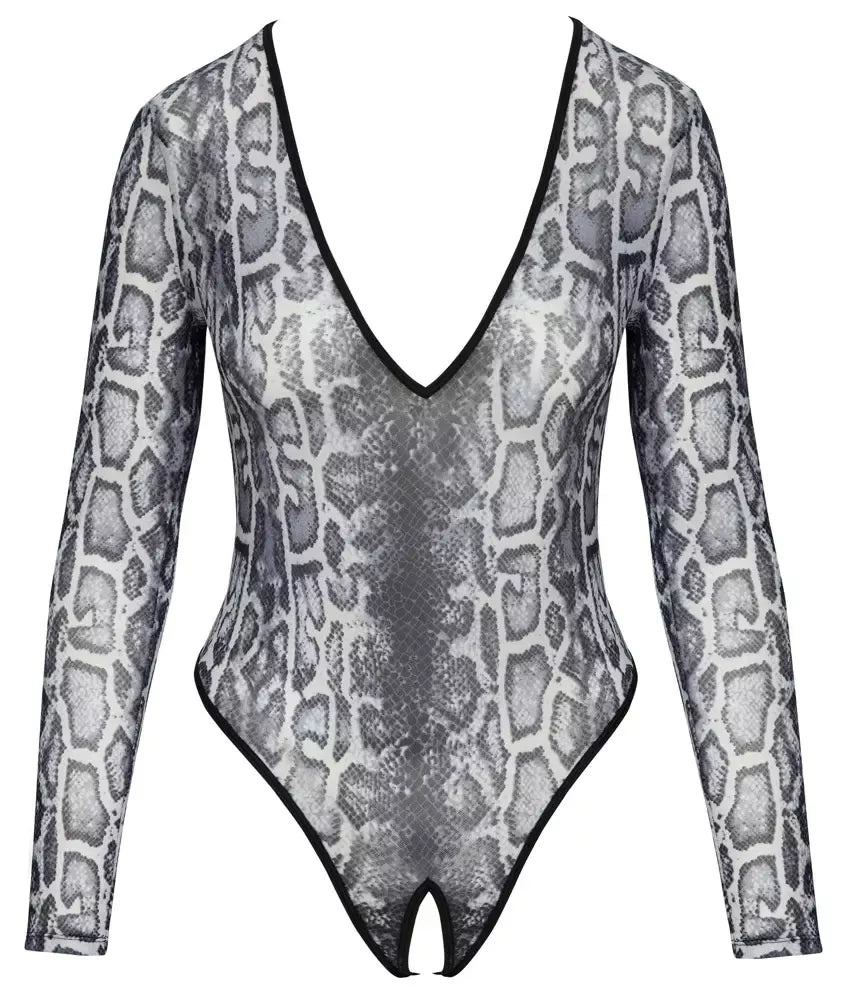 Cottelli Lingerie Body Snake S – permatomas ilgarankovis bodis su gyvatės odos raštu