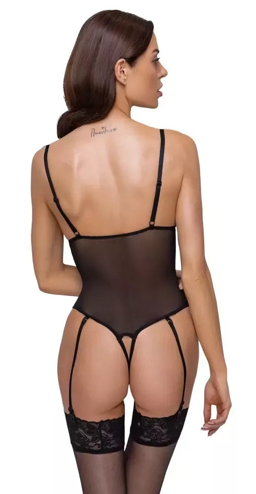 Cottelli LINGERIE Body XL – juodas nėriniuotas permatomas bodis su reguliuojamais dirželiais