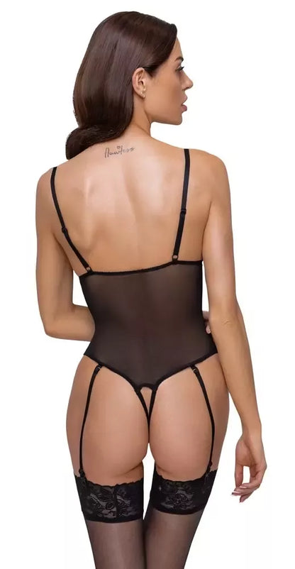 Cottelli LINGERIE Body XL – juodas nėriniuotas permatomas bodis su reguliuojamais dirželiais