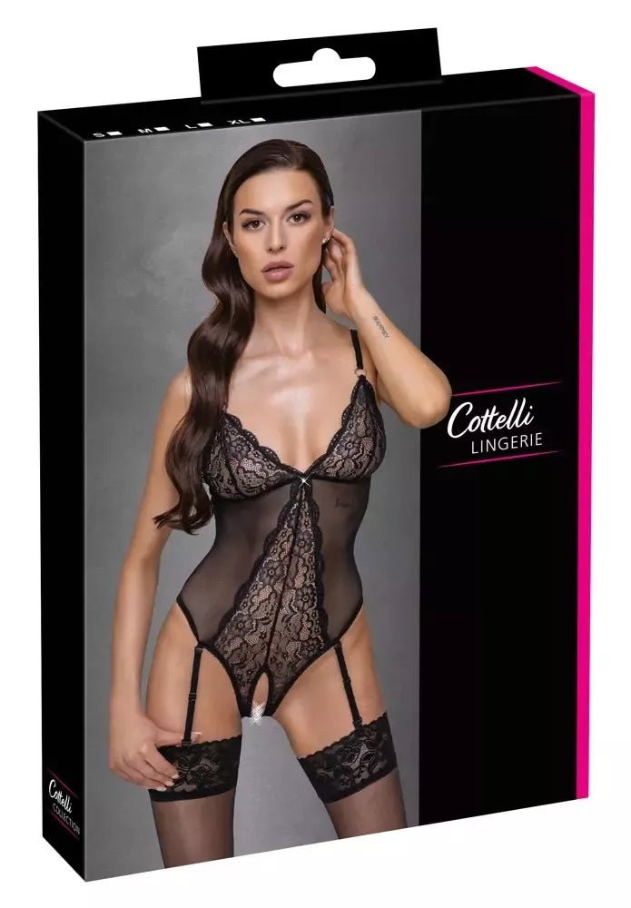 Cottelli LINGERIE Body XL – juodas nėriniuotas permatomas bodis su reguliuojamais dirželiais