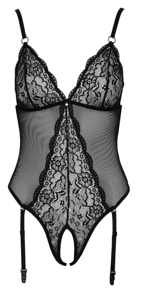 Cottelli LINGERIE Body XL – juodas nėriniuotas permatomas bodis su reguliuojamais dirželiais