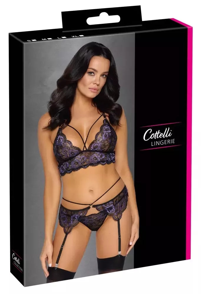 Cottelli LINGERIE Lace Trio Set L – gėlėtų nėrinių liemenėlė ir diržas kojinėms