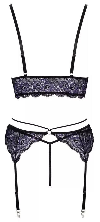 Cottelli LINGERIE Lace Trio Set L – gėlėtų nėrinių liemenėlė ir diržas kojinėms