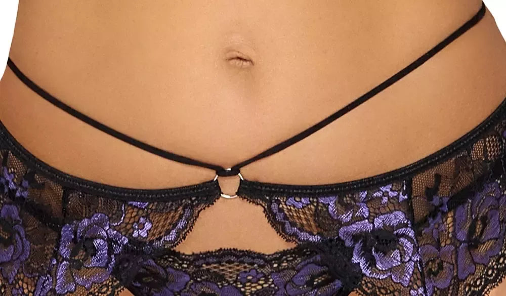 Cottelli LINGERIE Lace Trio Set L – gėlėtų nėrinių liemenėlė ir diržas kojinėms