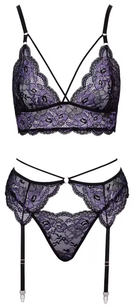 Cottelli LINGERIE Lace Trio Set L – gėlėtų nėrinių liemenėlė ir diržas kojinėms