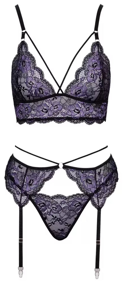 Cottelli LINGERIE Lace Trio Set L – gėlėtų nėrinių liemenėlė ir diržas kojinėms