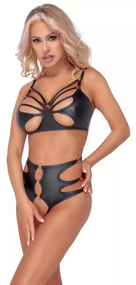 „Cottelli Lingerie“ liemenėlės ir atvirų kelnaičių komplektas, juodas, S dydis, su rožinio aukso spalvos žiedais